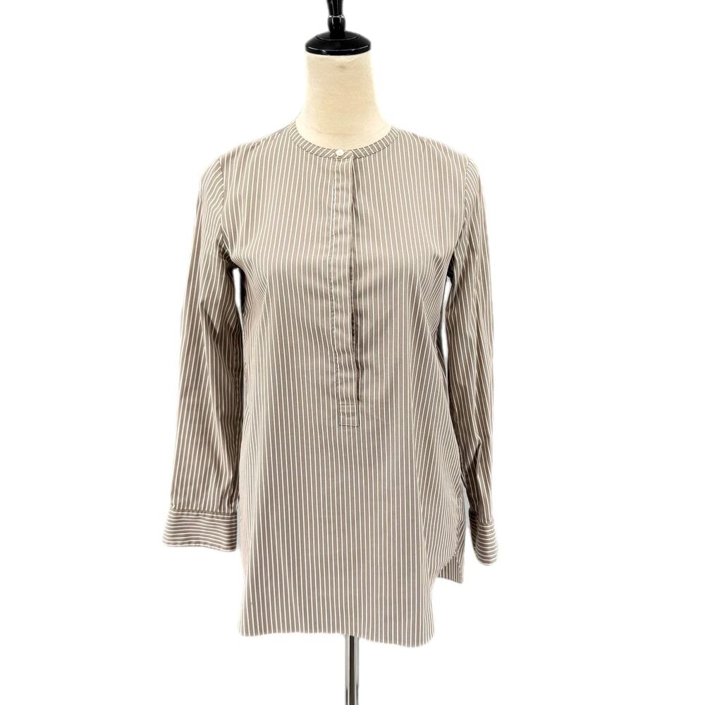 Theory Beige & White Vertical Striped Half Button Down Round Neck Cotton Blouse